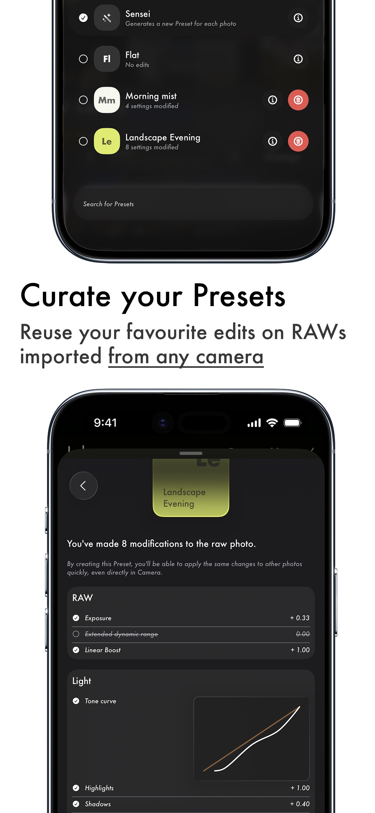 LUMA screenshot showing preset curation and RAW adjustments