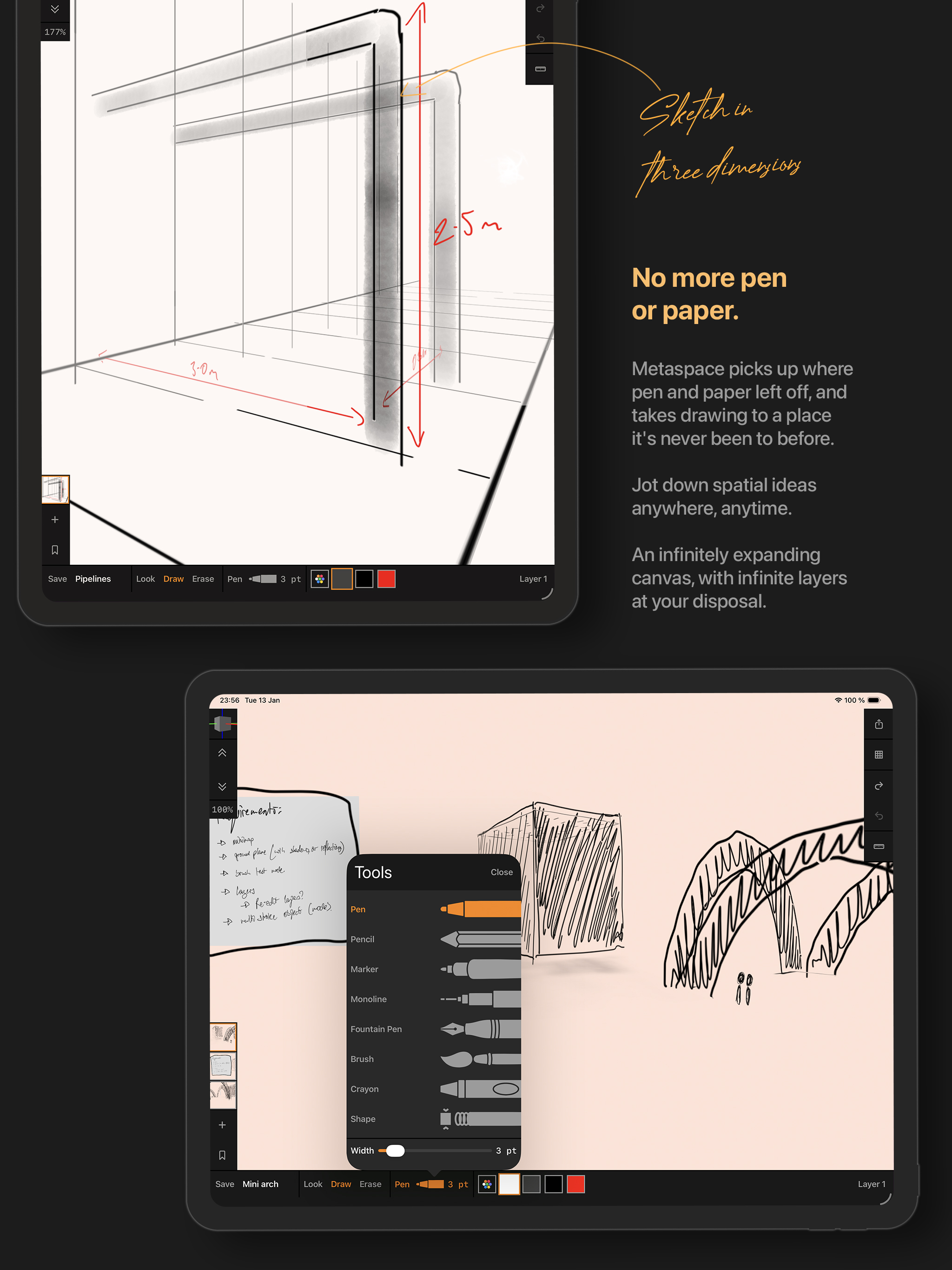 Metaspace screenshot showing concept drawing and tool controls on iPad