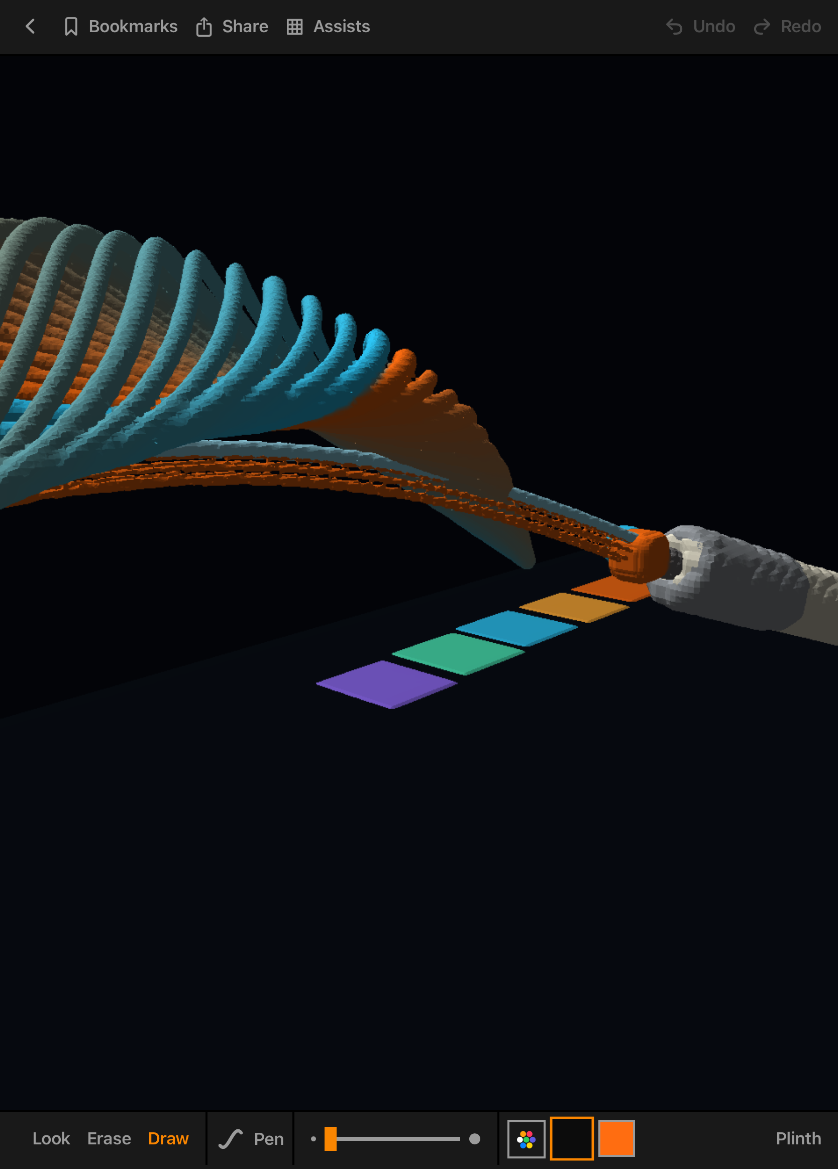 Drawing in the Metaspace editor: the Draw mode toolbar shows the Pen tool, size slider, and colours while a stroke is built in the scene