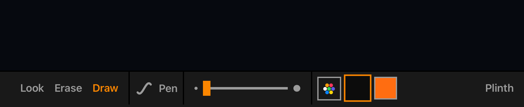 The editor's mode control (Look, Erase, Draw) with the active Pen tool, size slider, and colours