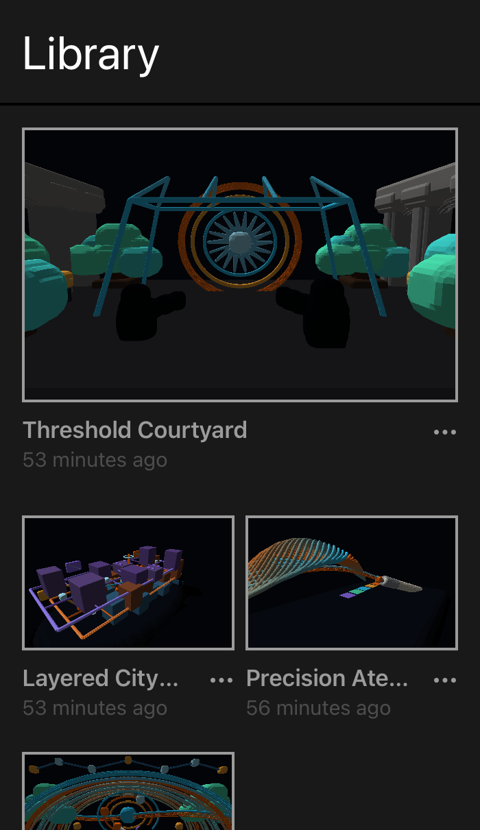 The Metaspace Library on iPad showing saved Spaces as preview thumbnails
