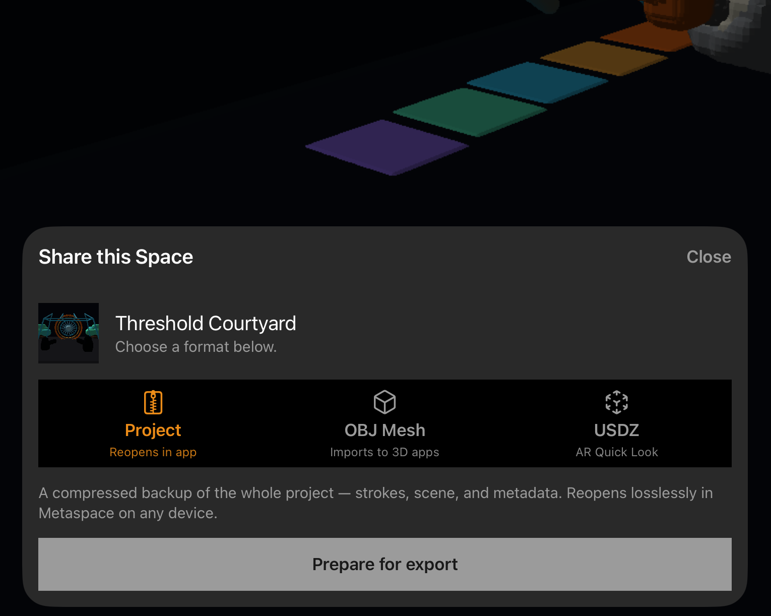 The Share this Space sheet, offering Project (.mtspz), OBJ Mesh, and USDZ export formats