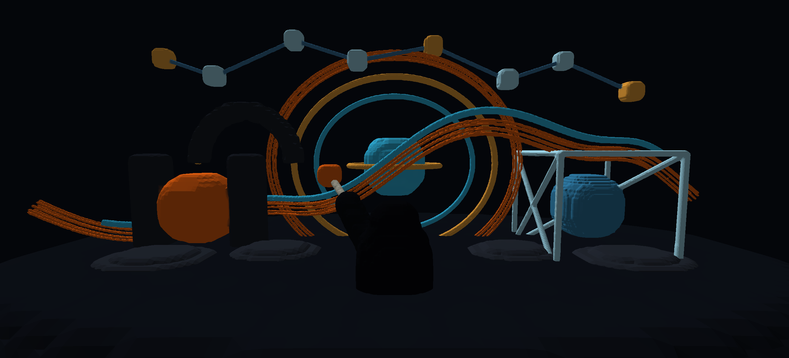 A figure drawing a luminous orange path through the purpose-built Metaspace Hero Atrium
