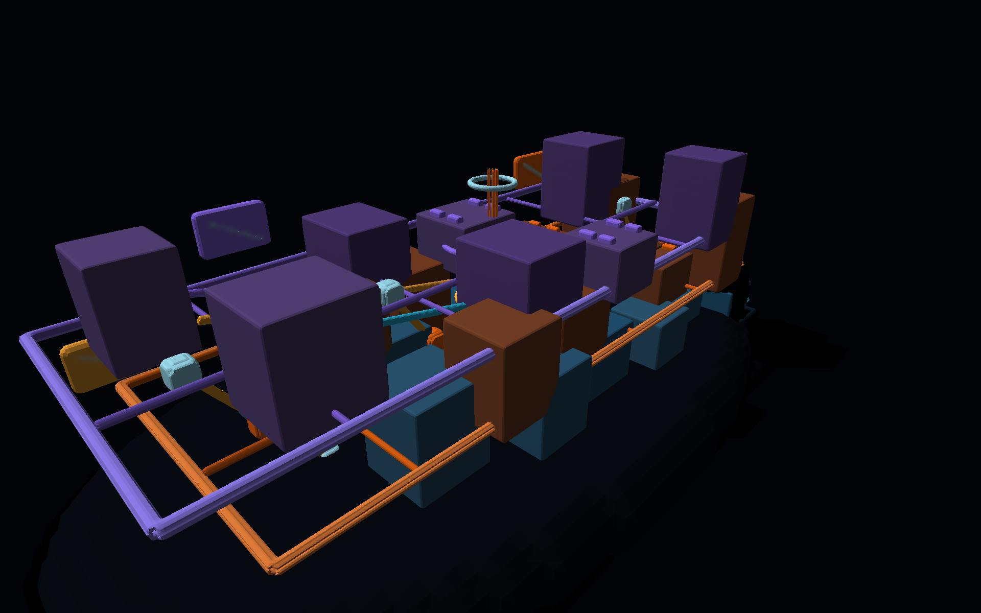 Three detailed city layers separated into cyan, orange, and violet spatial systems with saved viewpoint markers