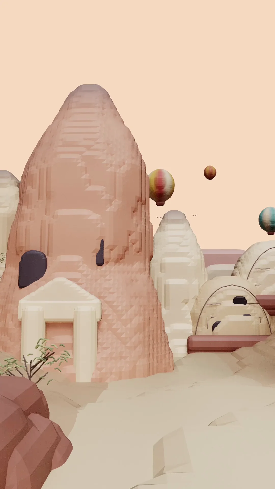 Carved stone towers and balloons fill the Cappadocia travel drawing