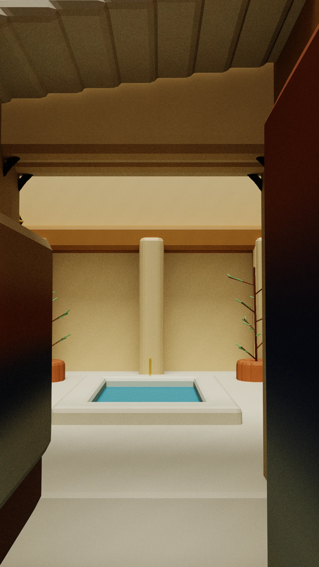 A shaded ochre doorway frames a cool basin in the Marrakech riad travel drawing