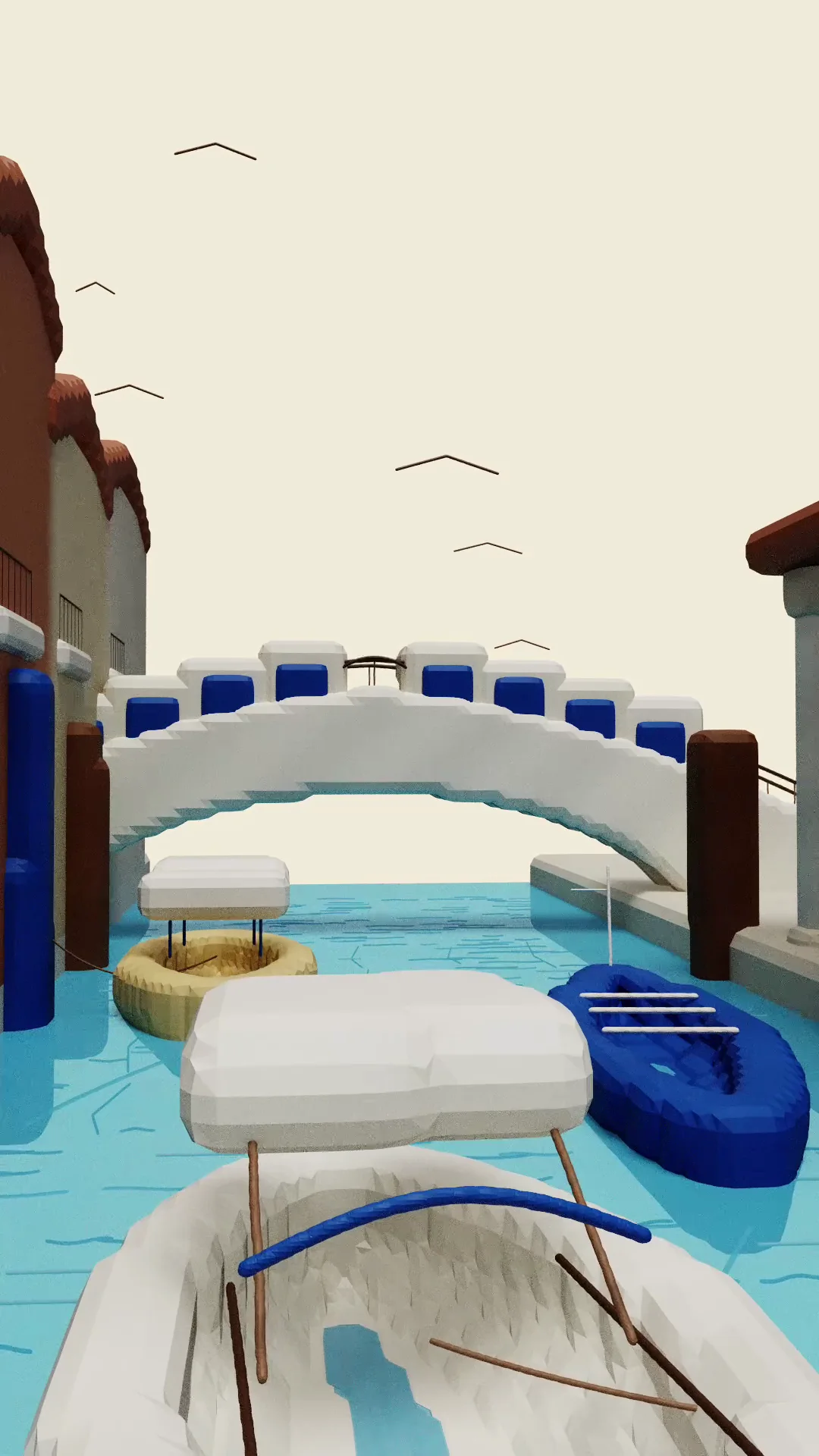 A white boat and cobalt mooring posts lead toward a bridge in the Venice travel drawing