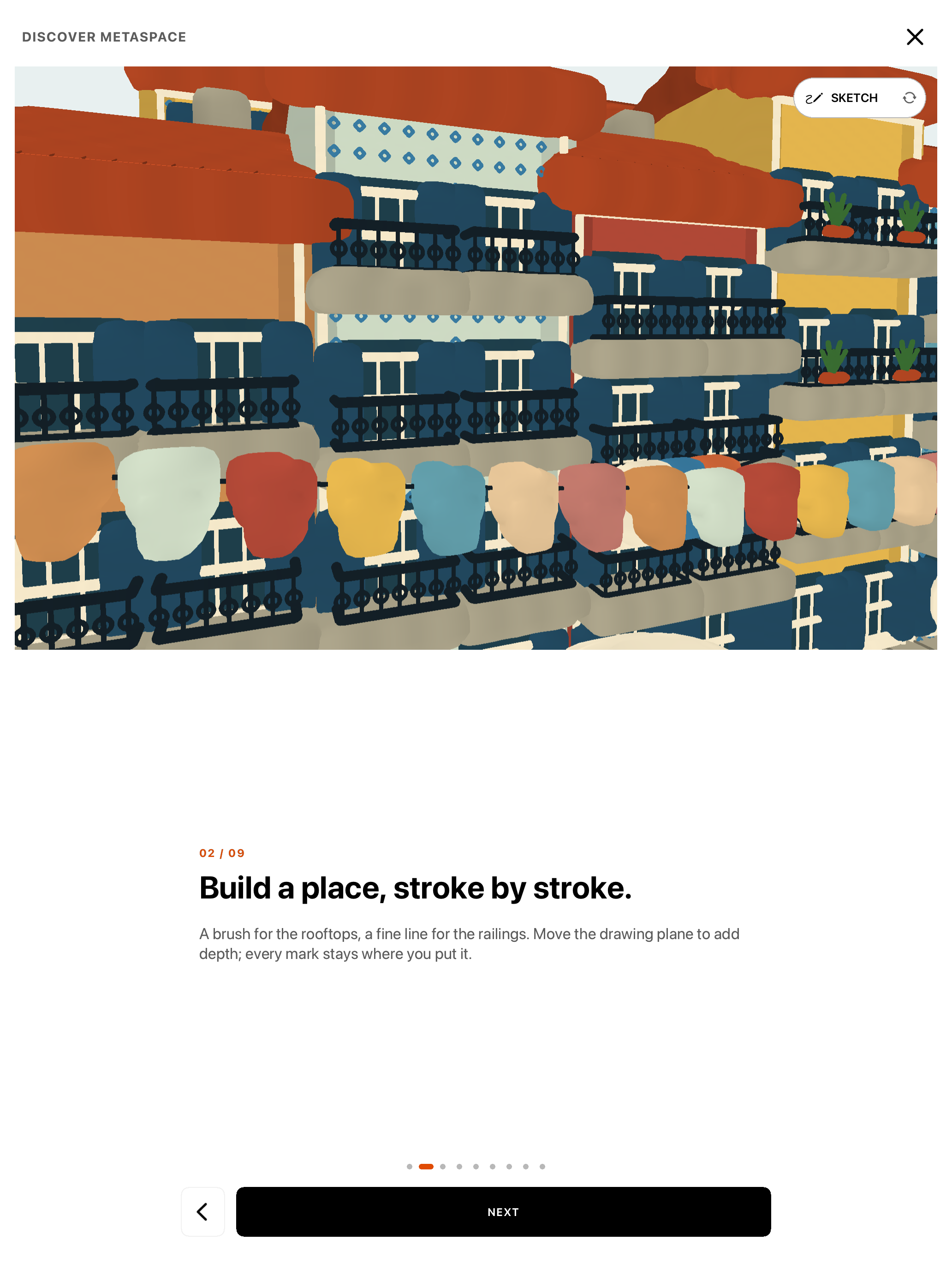 Discover Metaspace on iPad, showing waterfront balconies and the lesson Build a place, stroke by stroke
