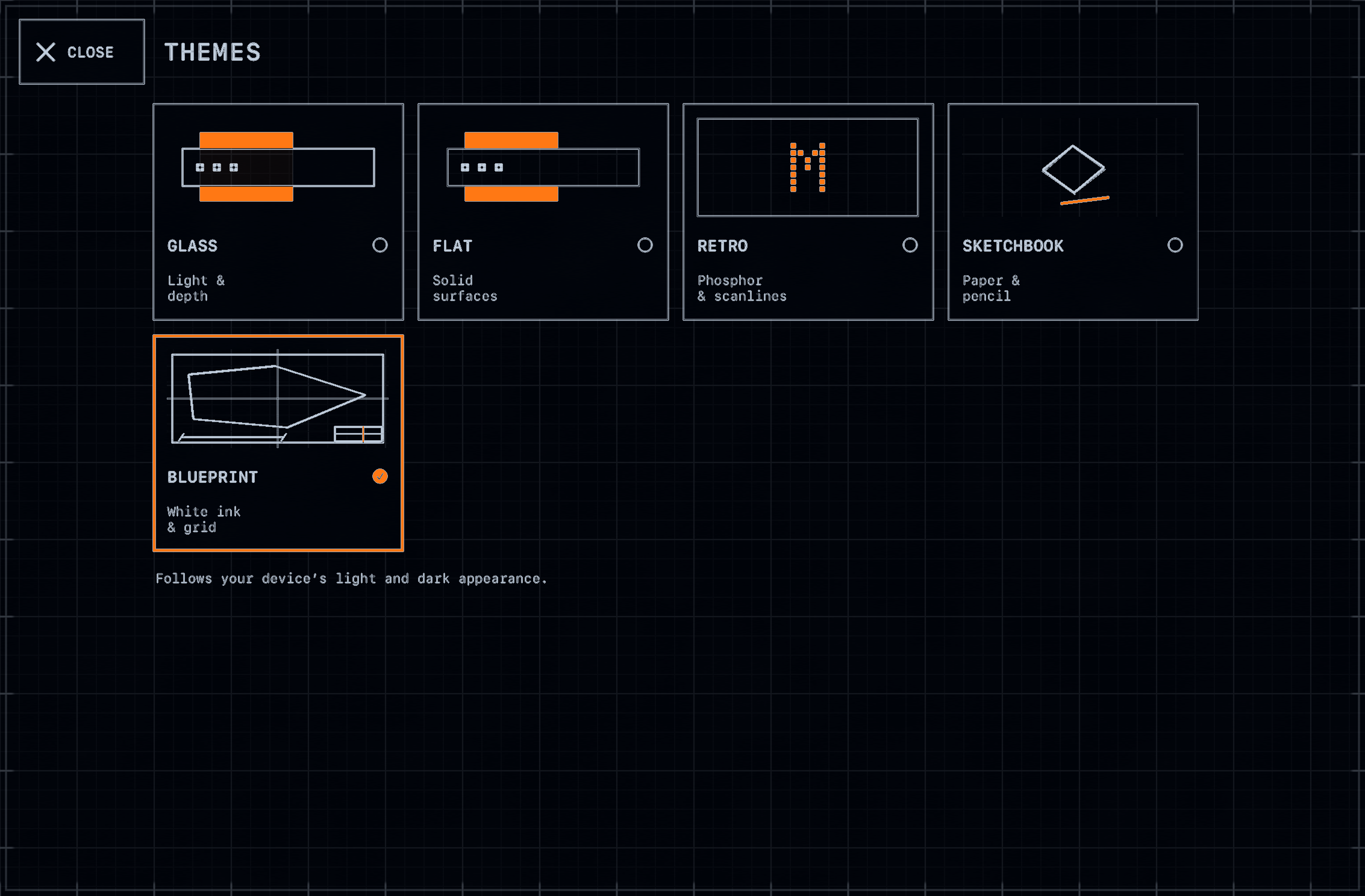 The Themes screen with Glass, Flat, Retro, Sketchbook, and Blueprint choices, shown with Blueprint selected