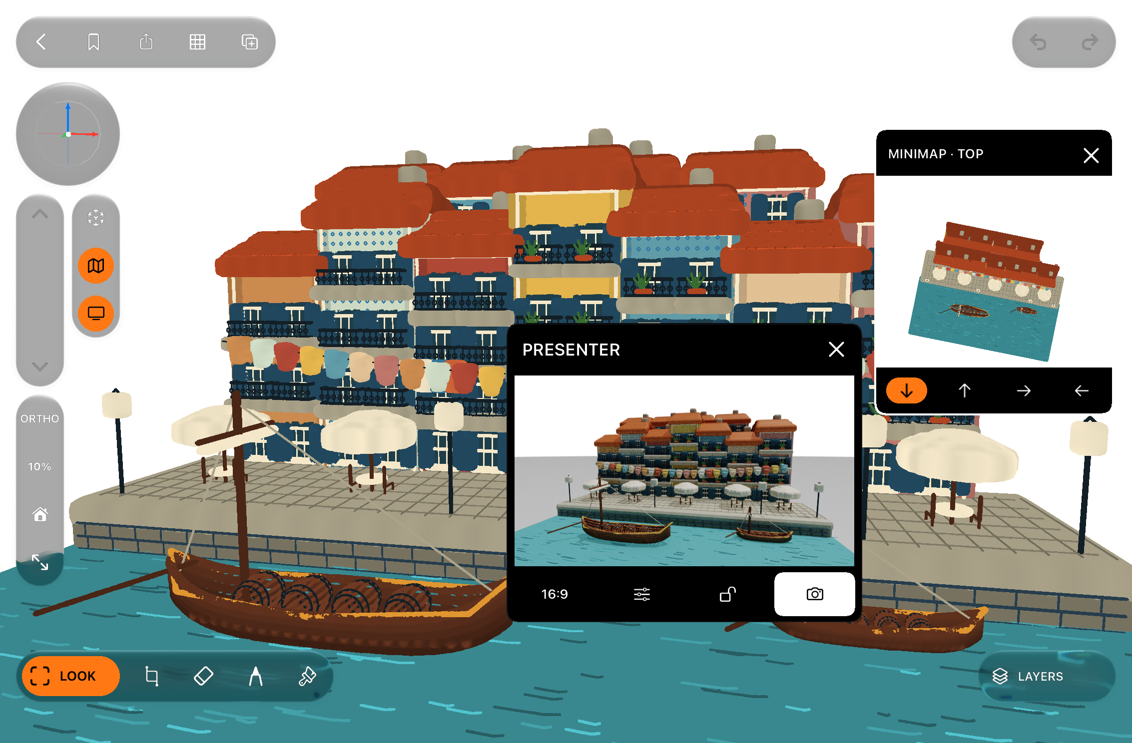 Metaspace’s Metal interface on iPad, showing a colourful waterfront drawing with floating Presenter and Minimap panels